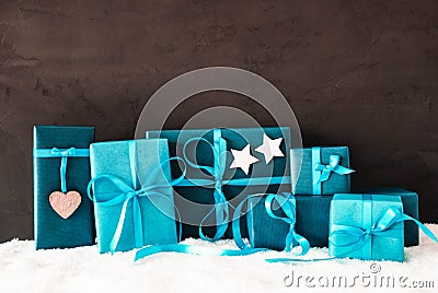 Turquoise Gifts, Copy Space For Advertisement, Snow Stock Photo