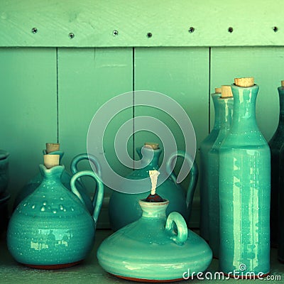 Turquoise glazed ceramic pitchers, Crete , Greece Stock Photo
