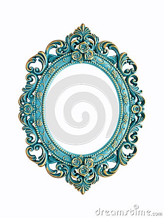 Turquoise gold gilded carved oval frame, isolated on white background Stock Photo