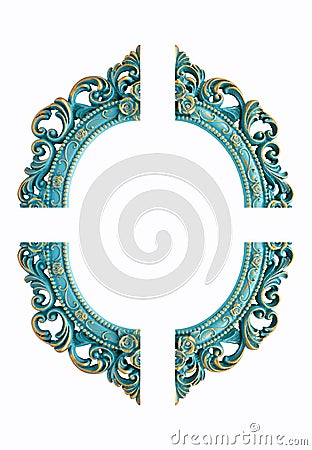 Turquoise gold gilded carved oval frame, isolated on white background Stock Photo