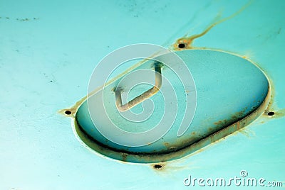 Mint green color ceiling attic access door, design architecture Stock Photo