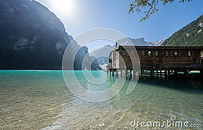 Turquoise lake Braies in the heart of the Dolomites, Italy Stock Photo