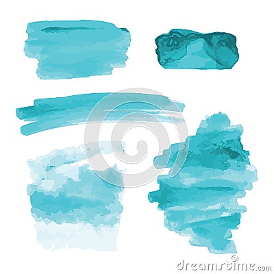 Turquoise, light blue watercolor shapes, splotches, stains, paint brush strokes. Abstract watercolor texture backgrounds set. Vector Illustration