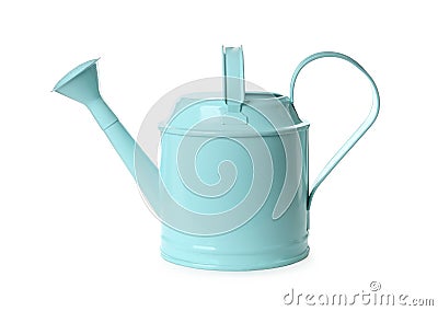 Turquoise metal watering can isolated on white Stock Photo