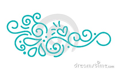 Turquoise monoline scandinavian folk flourish vector with leaves and flowers. Corners and dividers for Valentines Day Vector Illustration