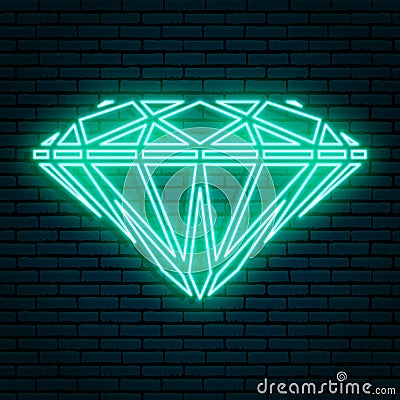 Turquoise neon sign. Faceted precious crystal of diamond or brilliant. Vector Illustration