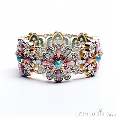 Turquoise And Pink Diamond Flower Bracelet With Gold Ornaments Stock Photo