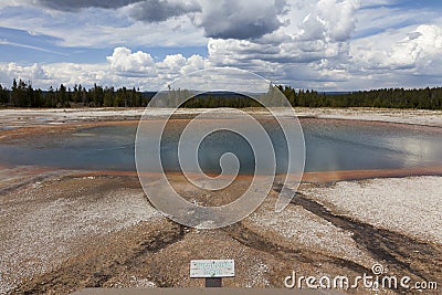 Turquoise Pool with sign board, Yellowstone National Park Stock Photo