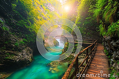 Turquoise Radovna river in Vintgar gorge and wooden footbridge, Slovenia Stock Photo