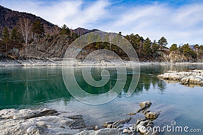 Turquoise river Katun in mountainous Altai, with rocky shores and mountain taiga with blue sky in the background Stock Photo