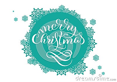 Turquoise round background with snowflakes on white and the text Merry Christmas. Vector Illustration