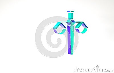 Turquoise Scales of justice icon isolated on white background. Court of law symbol. Balance scale sign. Minimalism Cartoon Illustration