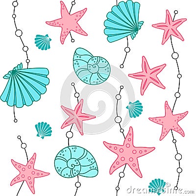 Turquoise seashells and pink starfish on a white background Vector Illustration