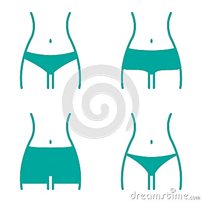 Turquoise set with various women panties, views front. Vector Cartoon Illustration