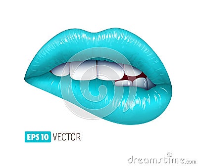 Turquoise sexy lips isolated on white. Realistic 3d illustration Cartoon Illustration