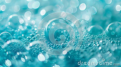 Turquoise Soap Bubbles Creating a Shimmering Abstract Pattern. Concept of Cleanliness, Refreshing Sensations, and Stock Photo