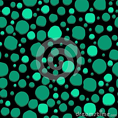 Turquoise spots and dots of various sizes in a chaotic manner on a black background, seamless pattern. Modern stylish Vector Illustration