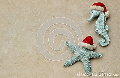 Christmas starfish and seahorse on a festive tan background with writing space Stock Photo