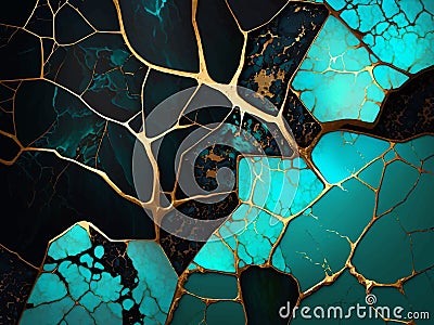 Turquoise stone liquid 3d abstract marbled background with golden inlay veins, lines. Marble mosaic, stone texture, jasper. Vector Illustration