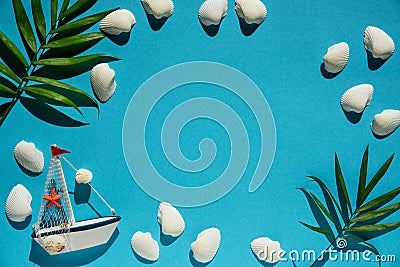 Turquoise Summer Flat Lay, Boat And Shells, Copy Space Stock Photo
