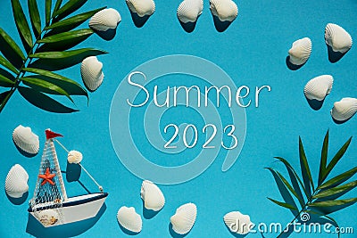 Turquoise Summer Flat Lay, Boat And Shells, Text Summer 2023 Stock Photo