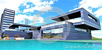 The turquoise surface of the water of the pool in the courtyard of an elite house in a developing technological area. 3d rendering Stock Photo