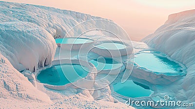 Turquoise thermal waters on white terraces in pamukkale, turkey with mineral rich baby blue pools Stock Photo