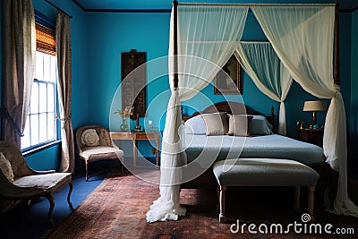 Turquoise Tranquility: Stylish Bedroom Retreat Stock Photo