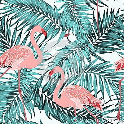 Turquoise tropical jungle leaves pink flamingos Vector Illustration