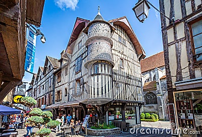 Turreted medieval bakers house in historic centre of Troyes with half timbered buildings Editorial Stock Photo