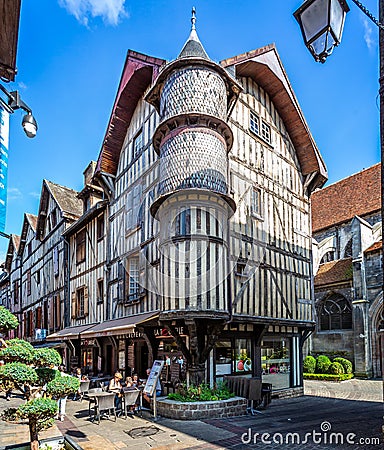 Turreted medieval bakers house in historic centre of Troyes with half timbered buildings Editorial Stock Photo