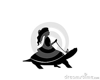 Child silhouete riding a turtle Vector Illustration