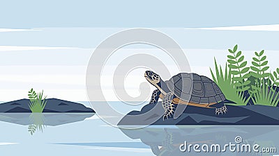 Turtle against an isolated background, showcasing its detailed shell and gentle demeanor in a simple, minimalistic environmen... Vector Illustration
