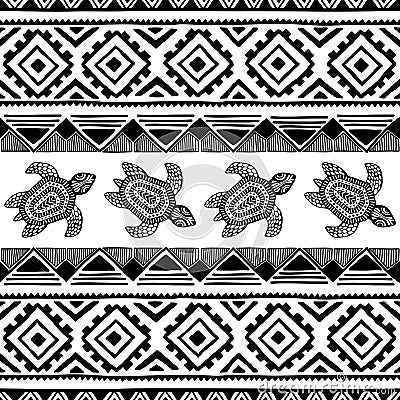 Turtle. Black and white seamless pattern. Ethnic and tribal motifs. Striped geometric background. Vector Illustration