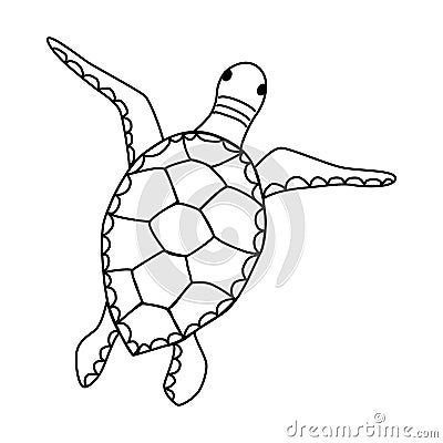 Turtle. Contour drawing of marine animal. Swimming turtle spread its flippers. View from above. Simple doodle sketch with black Vector Illustration