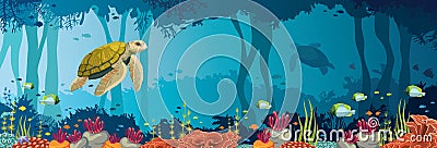 Turtle, coral reef, underwater cave and cave. Underwater sea. Vector Illustration