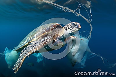 Turtle entangled in plastic in the ocean. Environmental problem of plastics. Protection of wildlife. Animals in danger Stock Photo