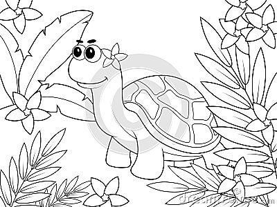 Turtle in exotic forest. Children coloring book. Cartoon Illustration