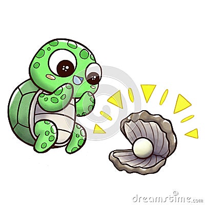 Turtle finding oyster with pearl - isolated in white background Cartoon Illustration