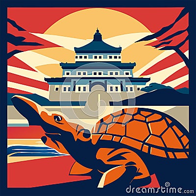 Turtle in front of the Forbidden City in Beijing, China. AI Generated Vector Illustration