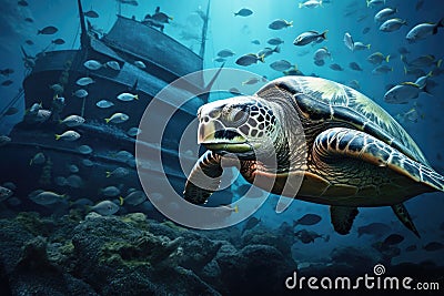 A turtle gracefully swims in the vast ocean as schools of fish swirl around it, A turtle swimming amongst a school of fish near a Stock Photo