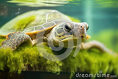 turtle half-submerged in water, eating duckweed Stock Photo