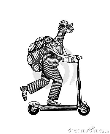A turtle man in a suit rides a scooter. Food delivery man. Fashion animal character. Hand drawn woodcut outline sketch Vector Illustration