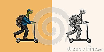 A turtle man in a suit rides a scooter. Food delivery man. Fashion animal character. Hand drawn woodcut outline sketch Vector Illustration