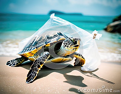 Turtle with plastic trash. Cartoon Illustration