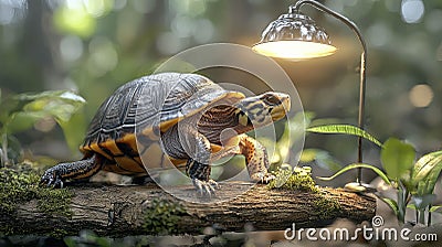 Turtle rests on a log in the forest illuminated by a lamp. Generative AI Illustration. Stock Photo