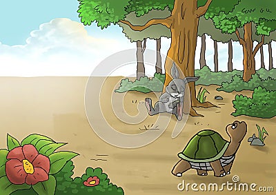 Turtle saw a rabbit sleeping under a tree illustration Cartoon Illustration