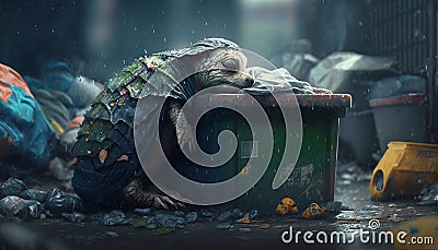 A turtle sleeps among the piles of plastic waste, concept of saving the world. Generative AI Stock Photo