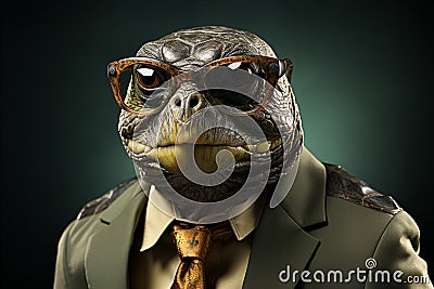 Turtle with sunglasses wearing suit and tie on solid green background. Generative AI Stock Photo