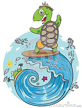 Turtle surfing in giant wave Vector Illustration